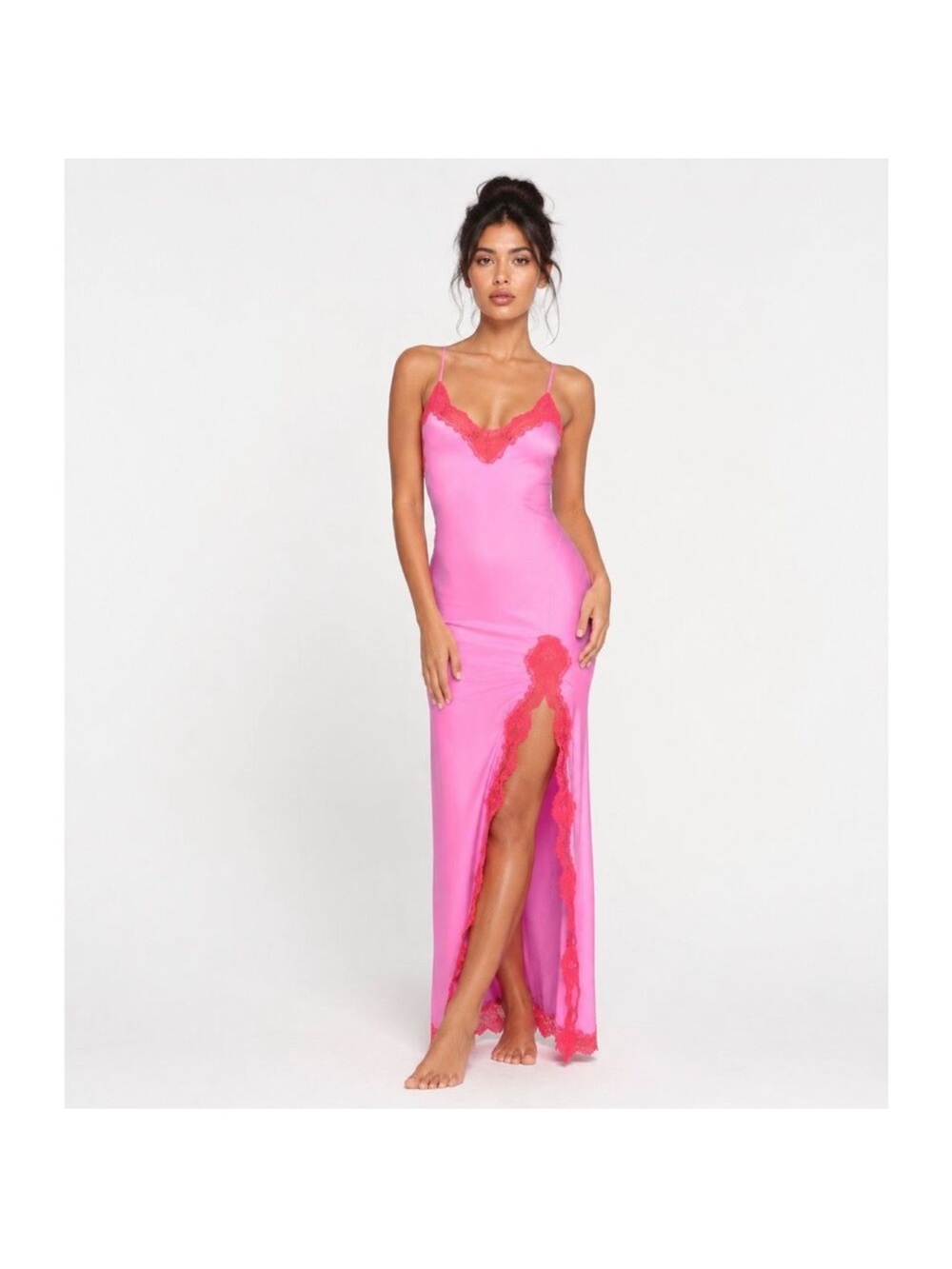 SKIMS Hot Pink Lace-Trim Maxi Slip Dress with Side Slit
